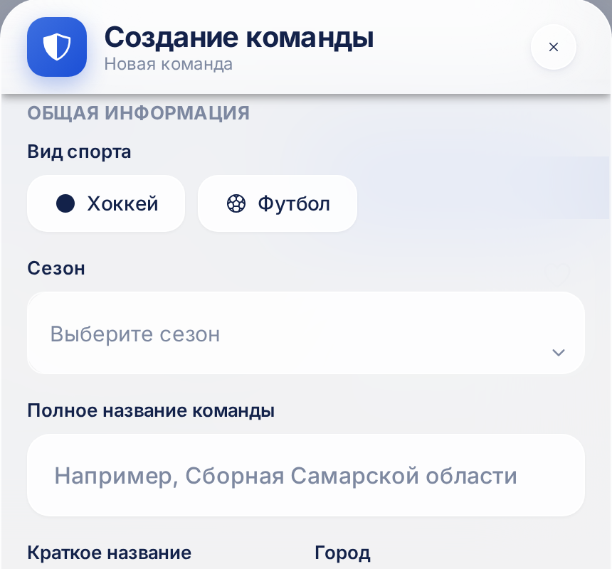 Форма «Создание команды»: выбор вида спорта, сезон, полное и краткое название, город, домашняя арена