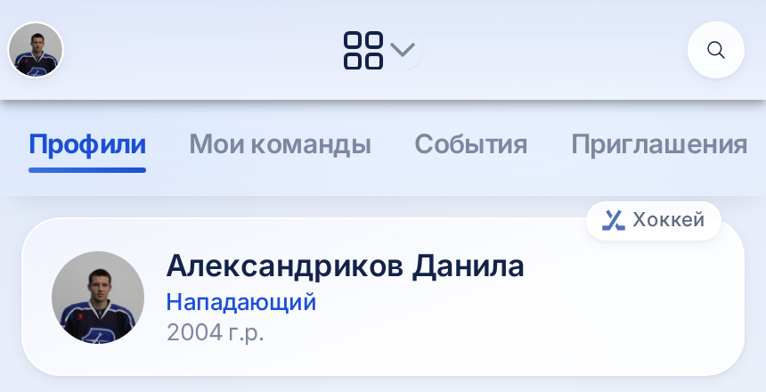 Вкладка «Профили» в центре игрока: карточка игрового профиля с позицией, годом рождения и видом спорта